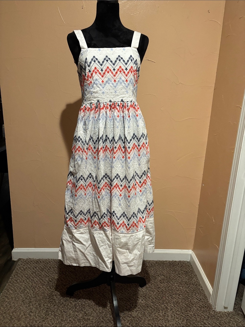 Sabina musayev White Sleeveless Maxi Dress with Red & Navy Chevron Embroidery